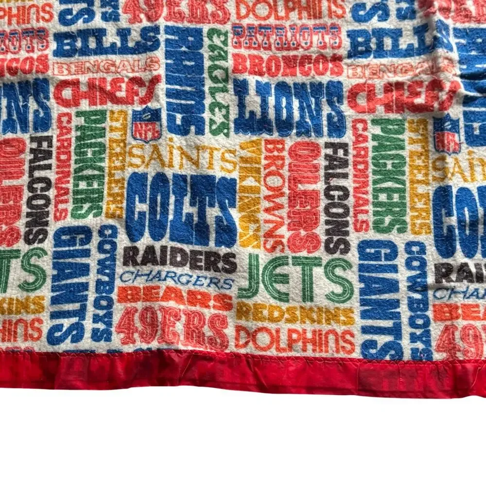 Vtg 1980's Sears NFL Team Collage Satin Trimmed Fleece Blanket